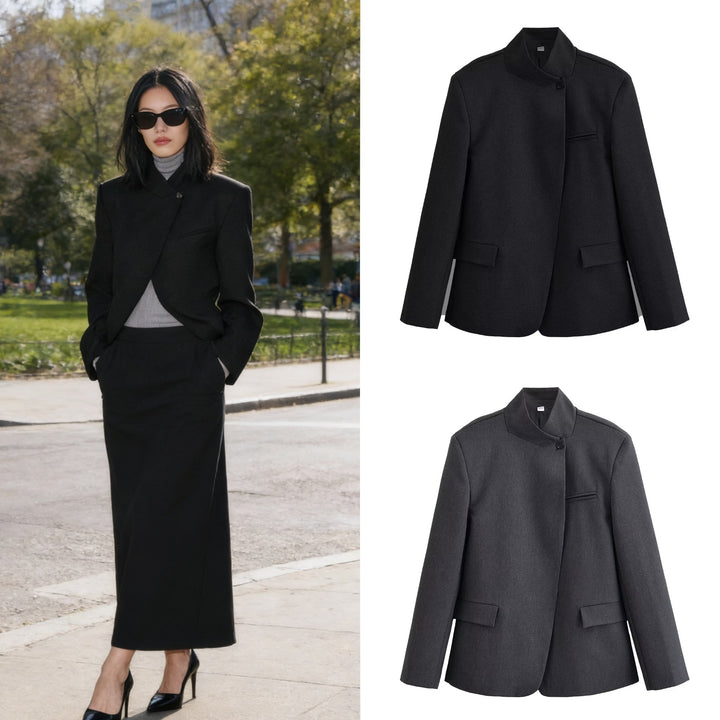 Damen Strukturierter Kurzblazer im Minimalstil mit Stehkragen und verdeckter Knopfleiste Echo Archiv