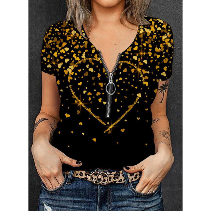 Damen V-Ausschnitt T-Shirt mit floralem Herz-Design und Reißverschluss Echo Archiv