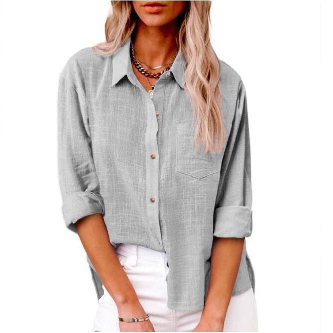 Damen lässige Leinenbluse mit kurzem Arm und Knopfdetails Echoarchiv