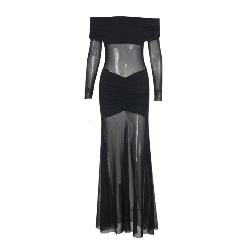 Damen durchsichtiges Maxikleid mit schulterfreiem Design und Rüschungen Echo Archiv