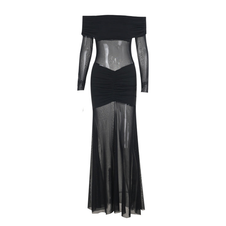Damen durchsichtiges Maxikleid mit schulterfreiem Design und Rüschungen Echo Archiv