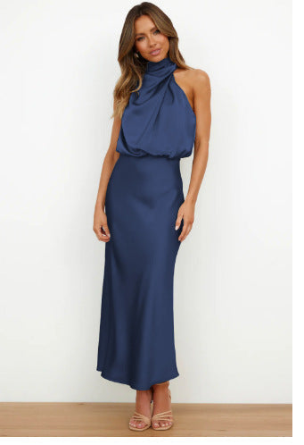 Damen Fließendes Maxikleid mit elegantem Stehkragen und Drapierung Echoarchiv