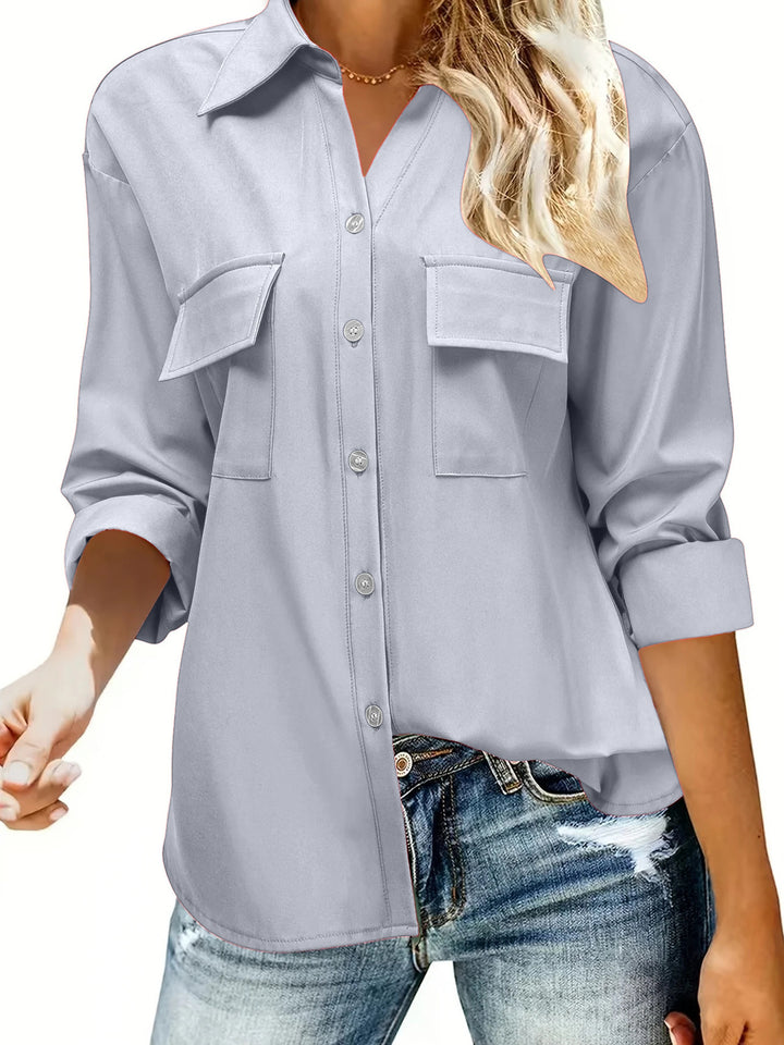 Damen Oversize-Hemdbluse mit Pattentaschen, durchgehender Knopfleiste und umgeschlagenen Ärmeln – Maréline