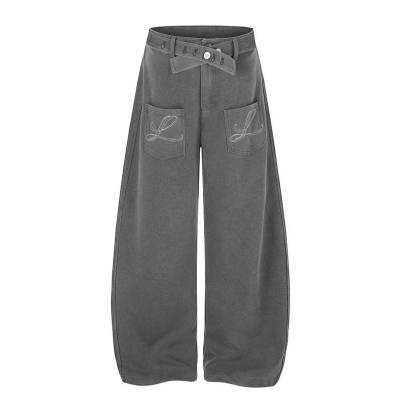 Damen Weite High‑Waist Palazzo-Jogginghose mit aufgesetzten Taschen, Zierstickerei und verstellbarem Gürtel Echoarchiv