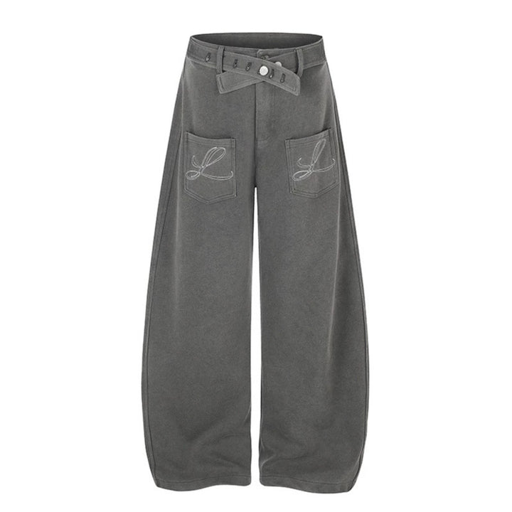Damen Weite High‑Waist Palazzo-Jogginghose mit aufgesetzten Taschen, Zierstickerei und verstellbarem Gürtel Echoarchiv