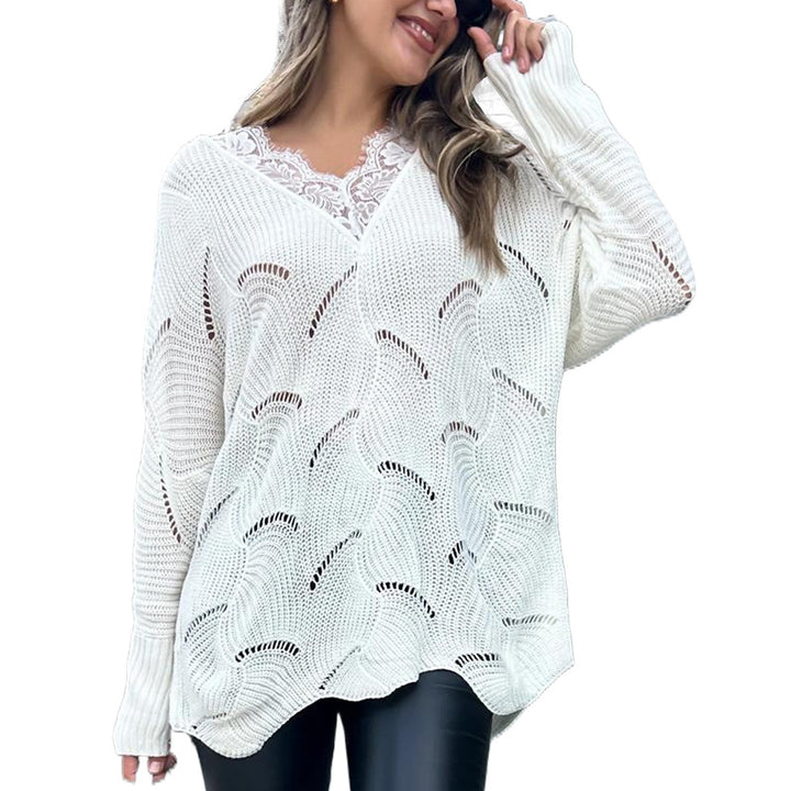 Damen Oversize-Strickpullover mit V-Ausschnitt und Spitzeneinsatz Echoarchiv