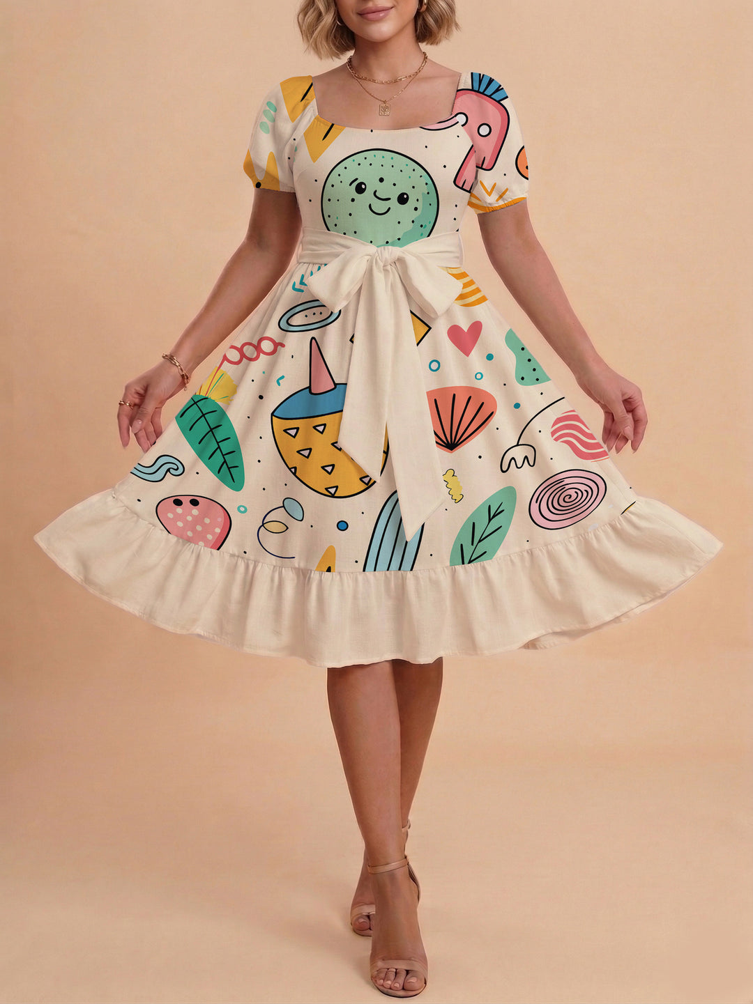 Damen Sommerkleid mit floralem Puffärmel und taillierbarem Gürtel Echo Archiv