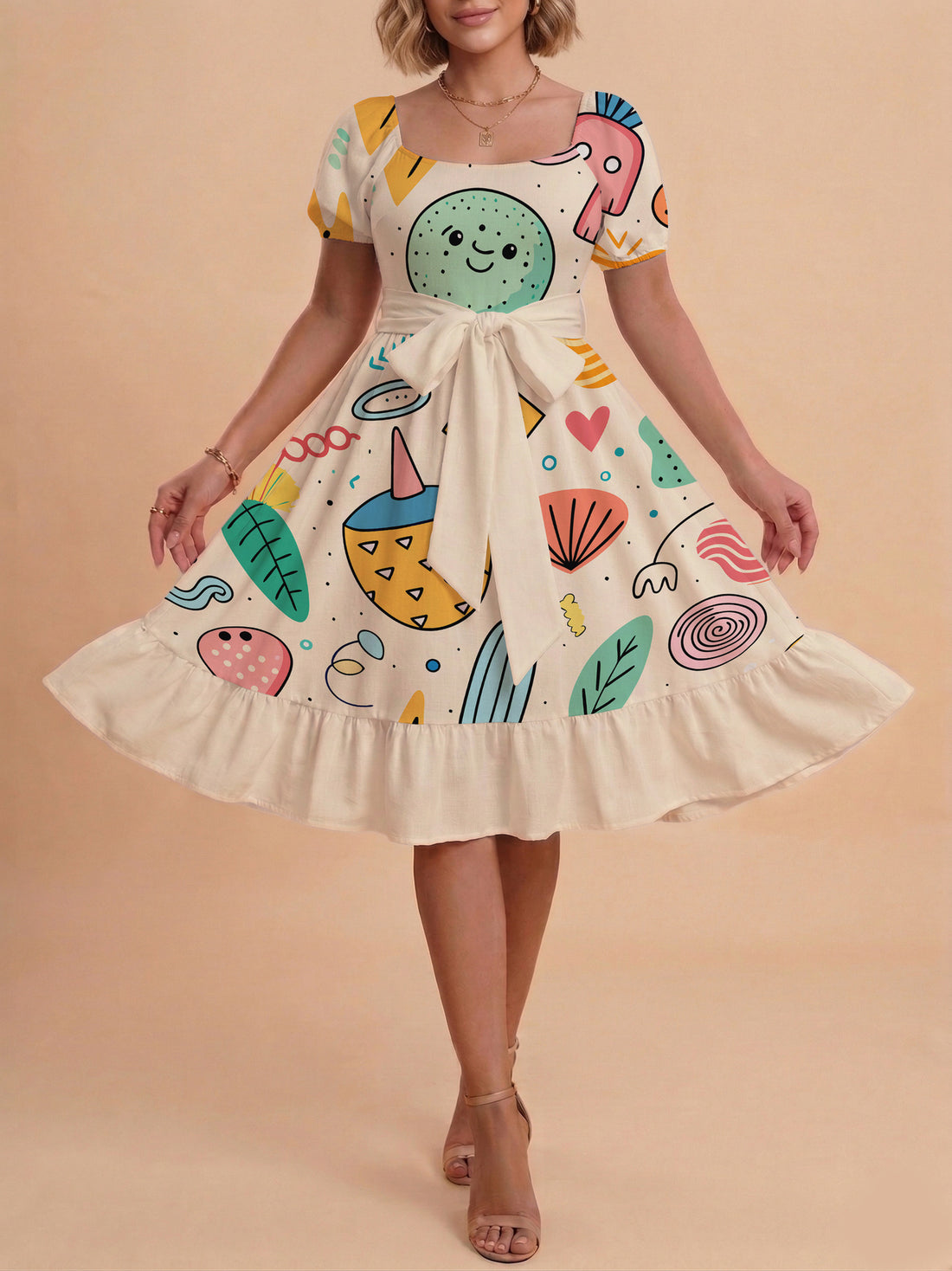 Damen Sommerkleid mit floralem Puffärmel und taillierbarem Gürtel – Lunéa