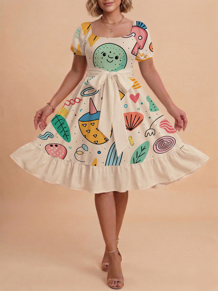 Damen Sommerkleid mit floralem Puffärmel und taillierbarem Gürtel Echo Archiv
