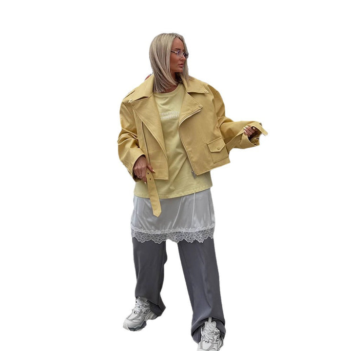 Damen Oversize-Bikerjacke aus veganem Lederimitat mit großem Revers und Taillengürtel Echoarchiv