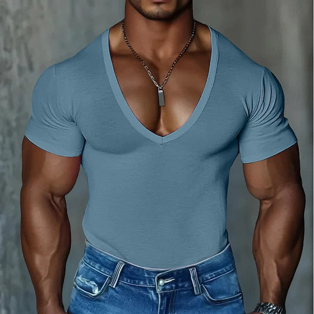 Herren Figurbetontes V-Ausschnitt T-Shirt aus leichtem Baumwollmix Echoarchiv