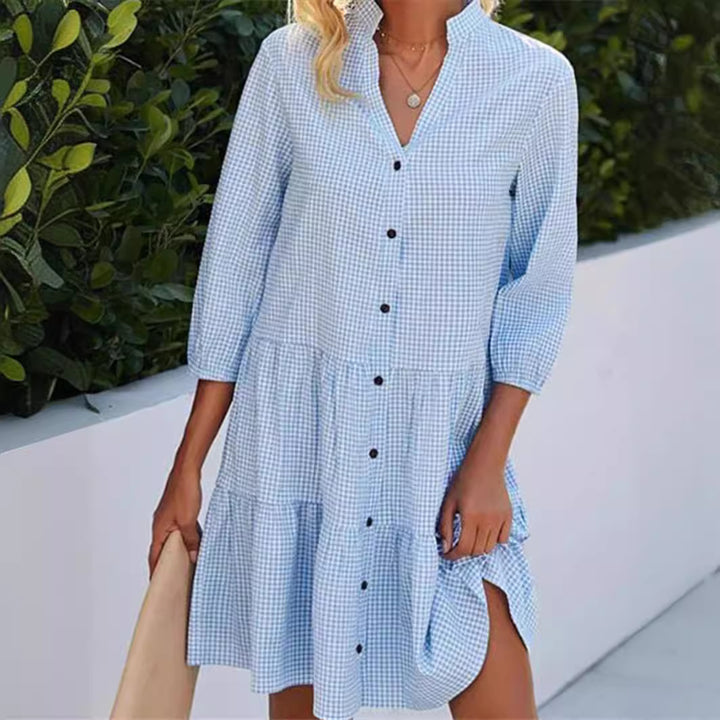 Damen Hemdkleid im Vichy-Karo mit Stehkragen und gestuftem Rock – Lunéa