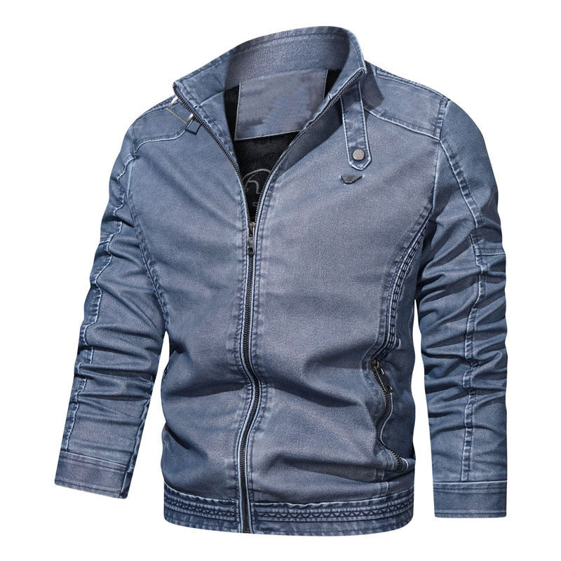 Herren Jeansjacke im Vintage‑Army‑Look mit Stehkragen, Ziersteppungen und Ärmelfalten – Denvaro