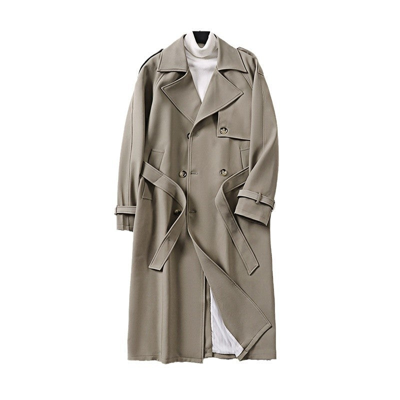 Herren Langer Minimalistischer Trenchcoat mit Sturmklappe Taillengürtel und verstellbaren Manschetten Echoarchiv