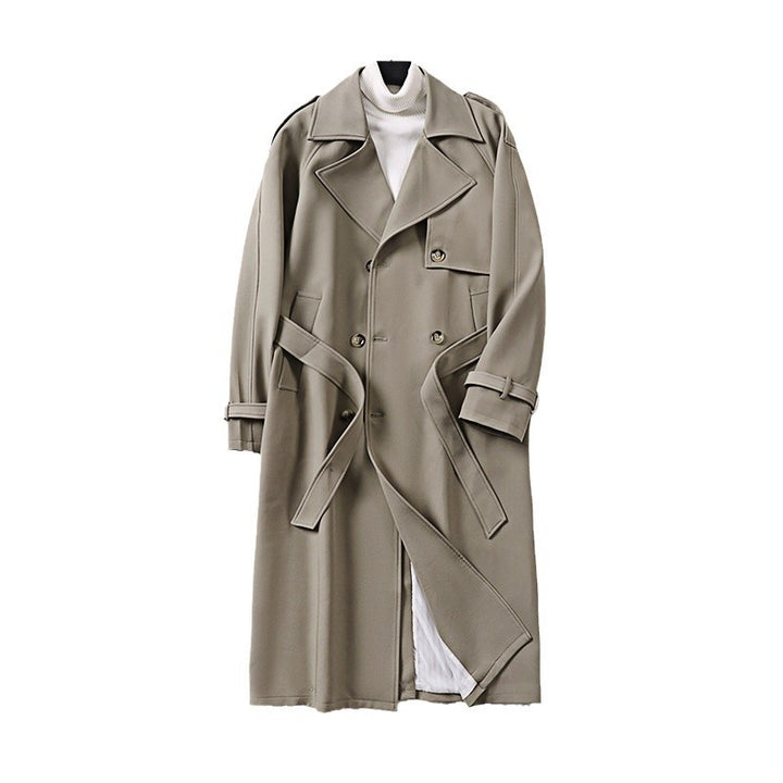 Herren Langer Minimalistischer Trenchcoat mit Sturmklappe Taillengürtel und verstellbaren Manschetten Echoarchiv