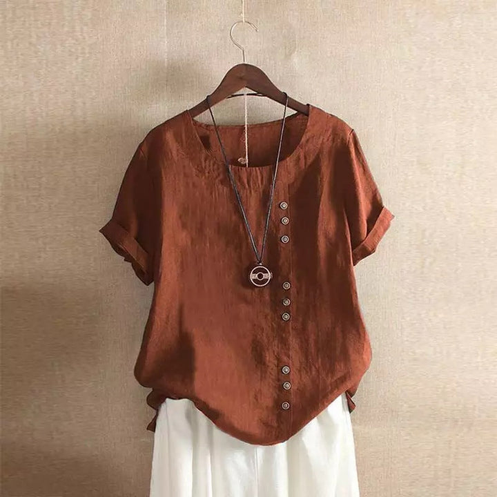 Damen Lässige Leinenbluse mit Umschlagbaren Ärmeln und Knopfdetails Echoarchiv