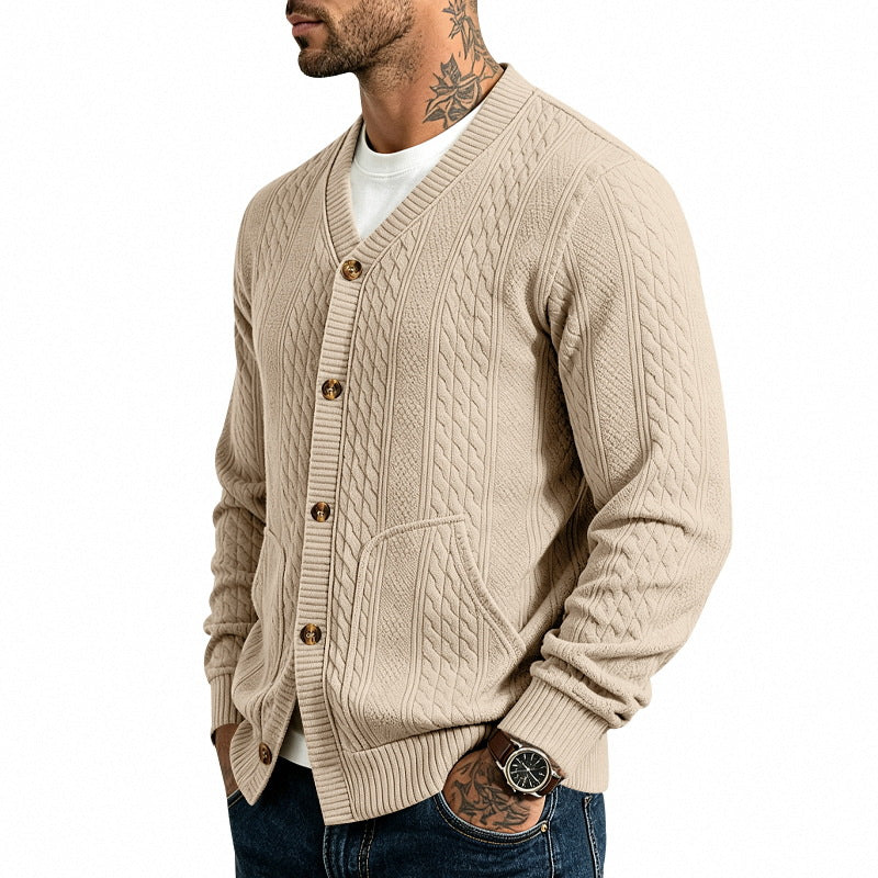 Herren Strukturierter Strickcardigan mit V-Ausschnitt und Zopfmuster – Terenzo