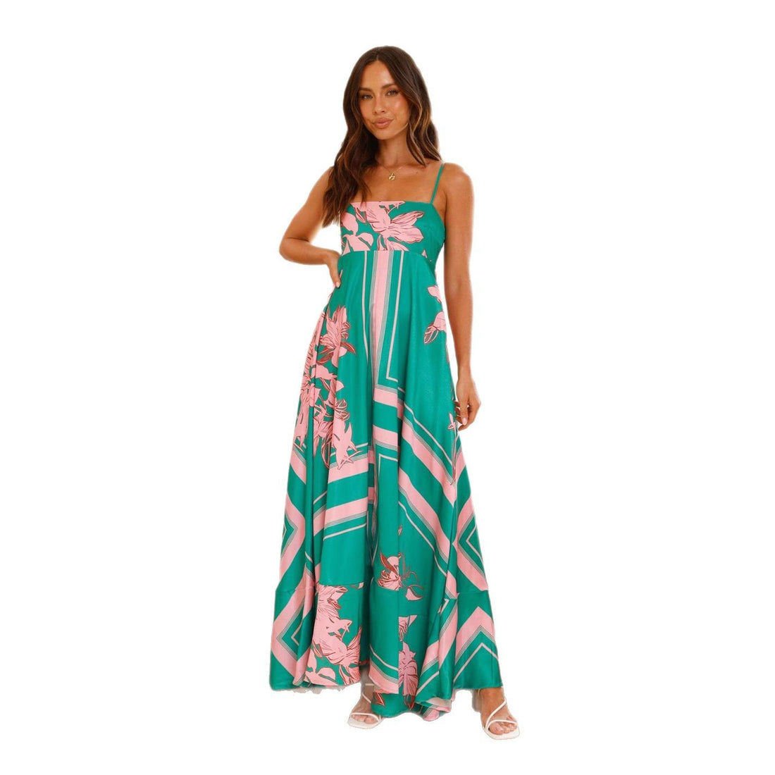 Damen Maxikleid mit elegantem floralem Design und schmalen Trägern – Valéora