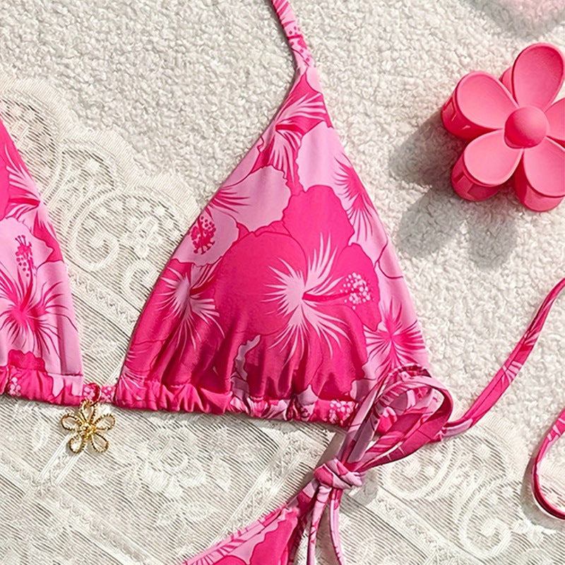 Damen Traumhafter Triangel-Bikini mit floralem Design und verspielten Schnürungen Echo Archiv