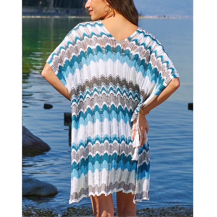 Damen lässiger Strandkimono im Wellenmuster mit offenen Ärmeln und seitlichen Schlitzen Echo Archiv