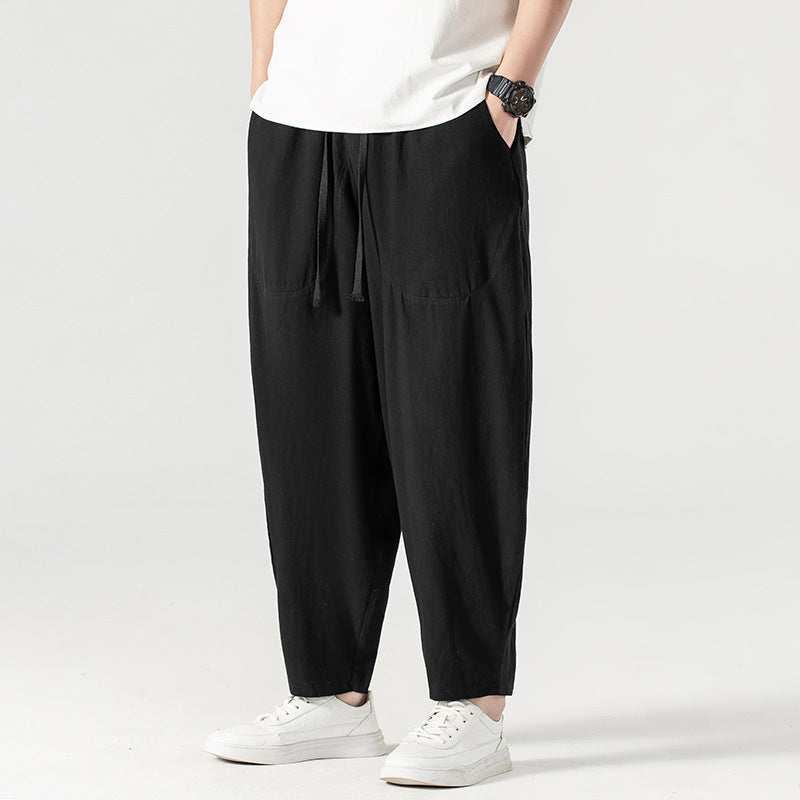 Herren Lässige Leinen-Baumwoll-Hose mit weitem Bein, Kordelzug und aufgesetzten Taschen Echoarchiv