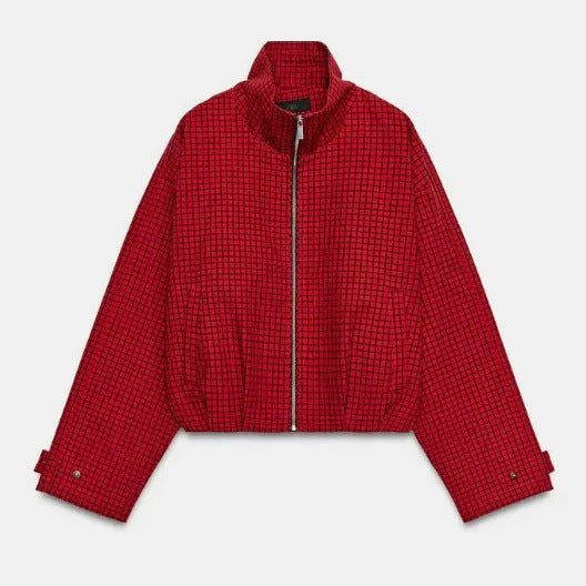 Damen Cropped Blousonjacke aus Webstoff mit Stehkragen, elastischem Saum und feinem Karo‑Design Echo Archiv
