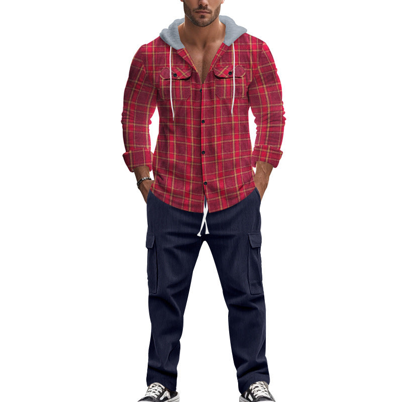 Herren gemusterte Kapuzenshirtjacke mit karierter Struktur und praktischen Taschen Echoarchiv