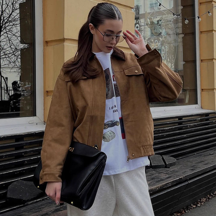 Damen Boxy-Suede-Blousonjacke mit Cordkragen und Teddyfutter Echoarchiv