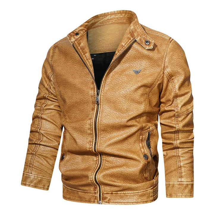 Herren Kunstleder-Bikerblouson mit strukturiertem Finish, gesteppter Ärmelpartie und Stehkragen – Taviero