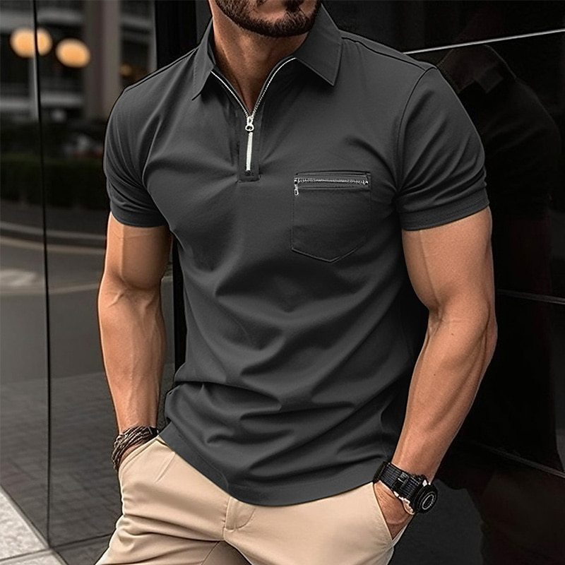 Herren sportliches Kurzarm-T-Shirt mit Reißverschluss und Brusttasche Echoarchiv