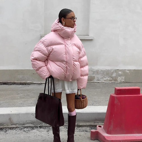 Damen kurze oversized Stepp-Daunenjacke mit Kapuze und hohem Stehkragen Echoarchiv