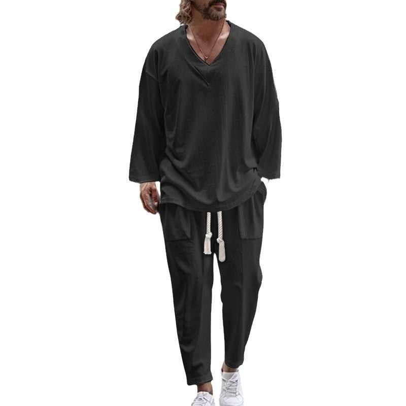 Herren Lässiges Lounge-Set aus Baumwollmix mit V-Ausschnitt und Kordelbundhose Echoarchiv