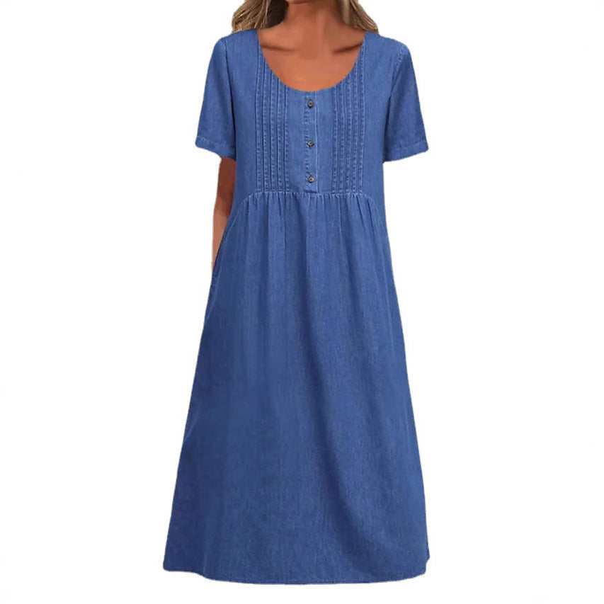 Damen nan locker sitzendes Midikleid im Denim-Look mit Rundhalsausschnitt, Brustbiesen und seitlichen Eingrifftaschen Echo Archiv