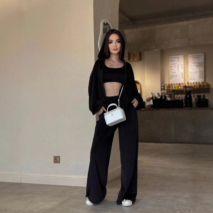 Damen Cropped Samt-Hoodie mit weitem Arm und High-Waist Jogginghose im Lounge-Set – Auréline