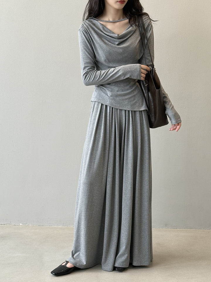 Damen Zweiteiliges Jersey-Set mit asymmetrischem Wasserfallkragen und weitem Maxirock – Élanora