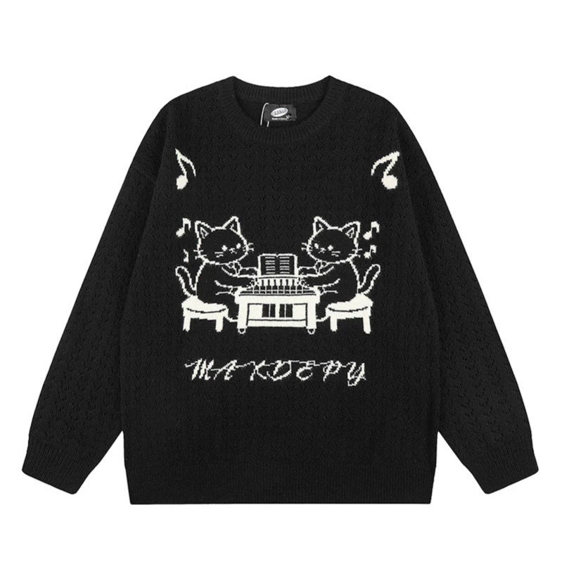 Damen Oversize Strickpullover mit Jacquard-Katzenmotiv und musikalischem Design Echoarchiv