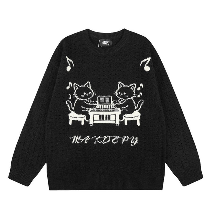 Damen Oversize Strickpullover mit Jacquard-Katzenmotiv und musikalischem Design Echoarchiv