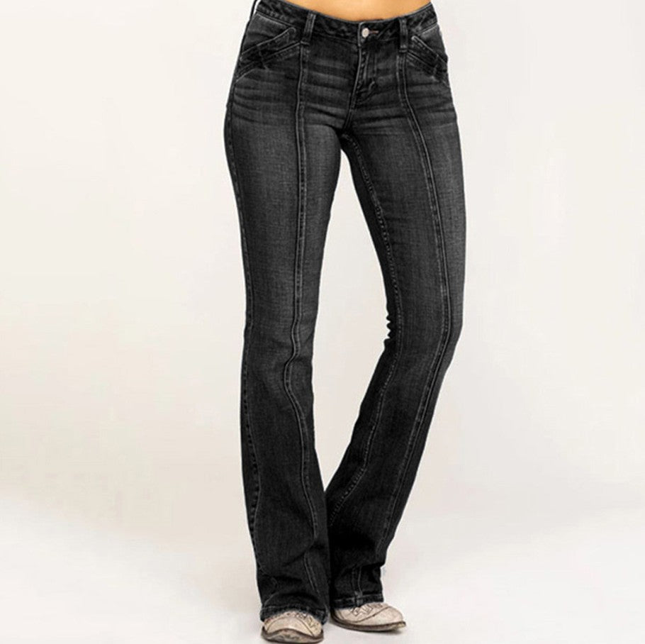 Damen nan weite Schlagjeans mit hochgeschnittener Taille, figurbetontem Hüftschnitt und elastischem Denim Echo Archiv
