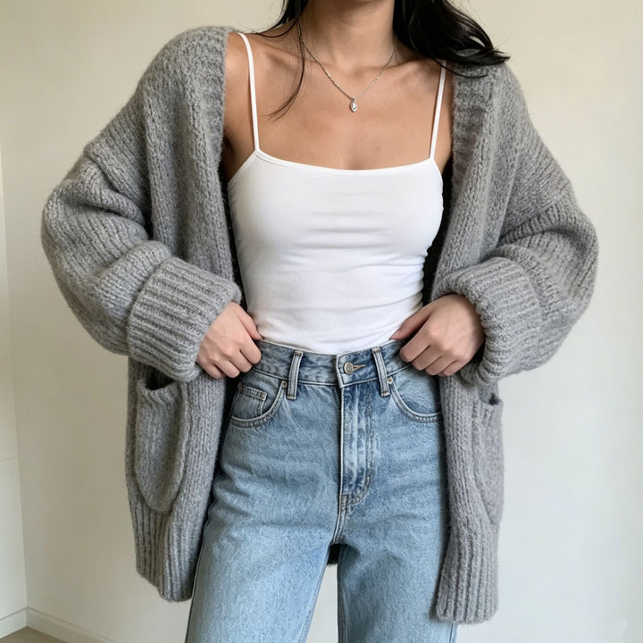 Damen Langer Offener Grobstrick-Cardigan mit aufgesetzten Taschen und gerippten Bündchen – Veloura