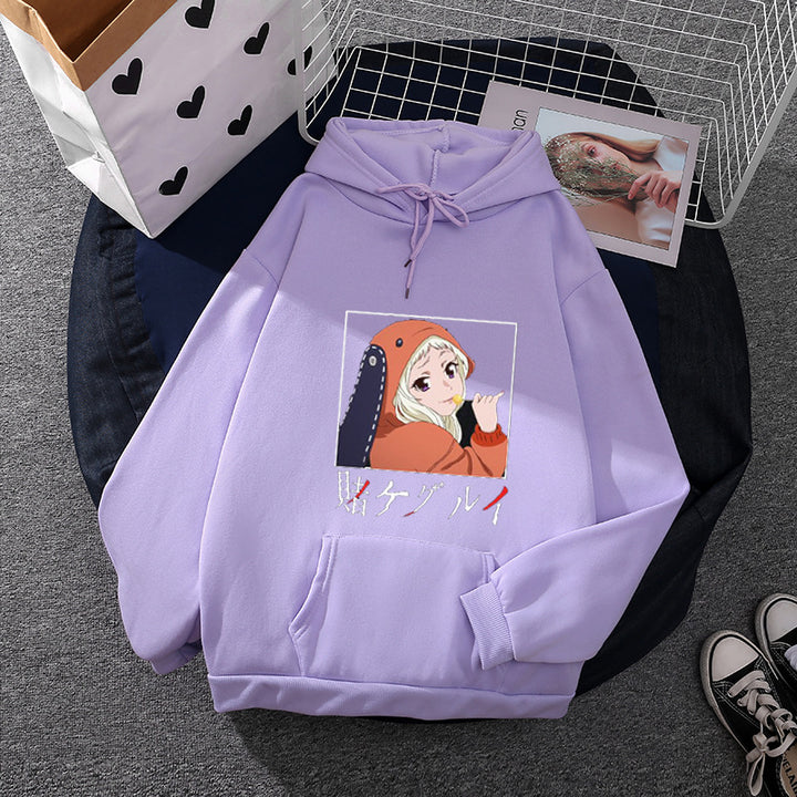 Damen Oversize Kapuzenpullover mit Manga-Frontprint und Kängurutasche – Auréline