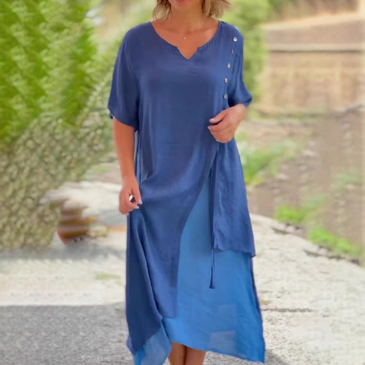 Damen nan zweilagiges Hemdkleid mit asymmetrischem Lagenrock, seitlicher Zierknopfleiste und Tunnelzug Echo Archiv