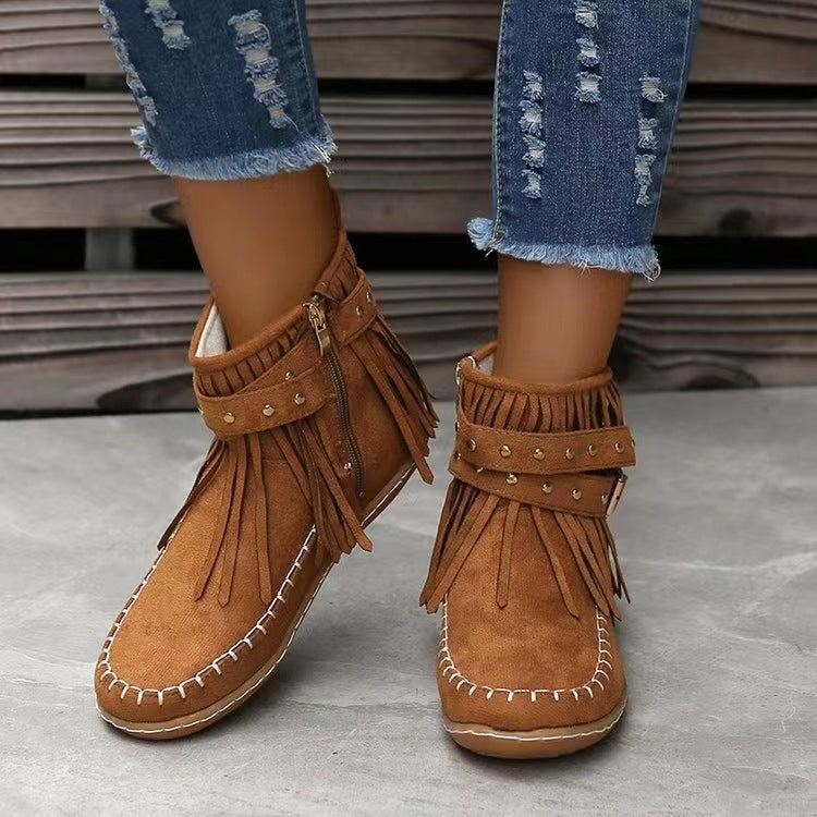 Damen Fransen-Ankleboots im Mokassinstil mit Ziernaht, Schnallenriemen und weicher Gummisohle Echo Archiv