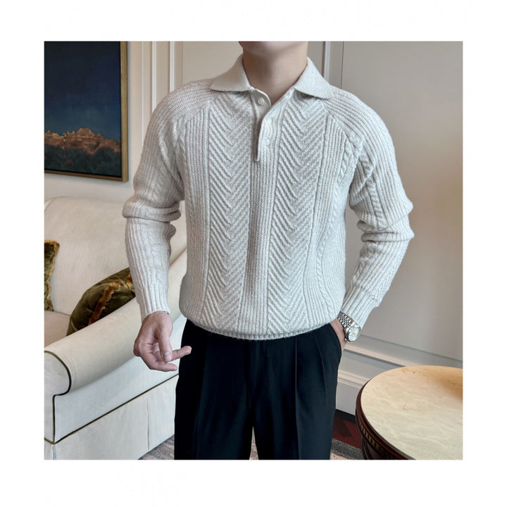 Herren Polokragen-Zopfstrick-Pullover mit halber Knopfleiste Echoarchiv