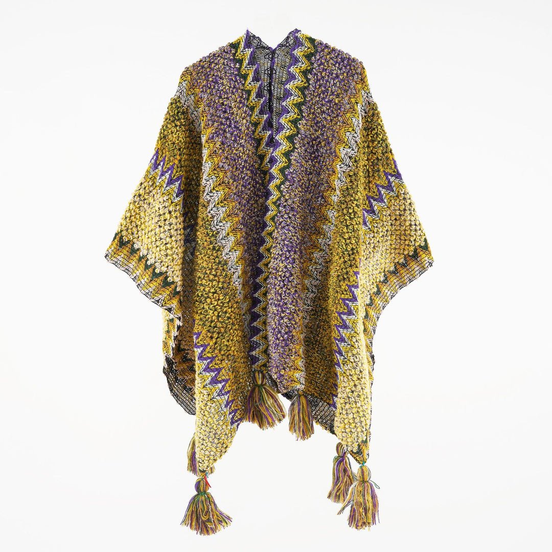 Damen Kurzponcho aus Bouclé-Strick mit Zickzack-Jacquard und Quasten – Avérine