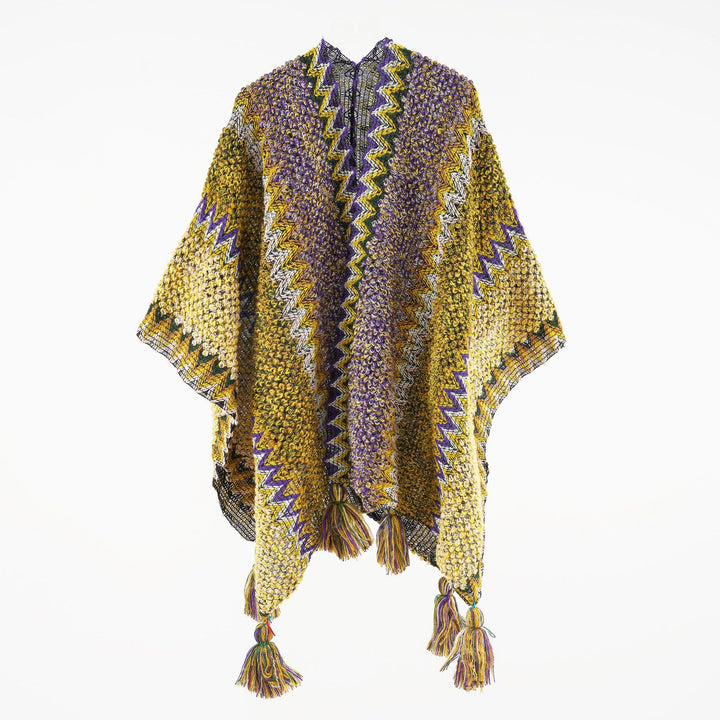 Damen strukturierter Bouclé-Strickponcho mit Jacquardmuster und Quasten Echo Archiv