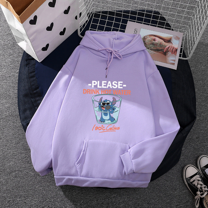Damen Kapuzenpullover mit großflächigem Cartoon-Glas-Print, weichem Fleece-Innenfutter und Kängurutasche – Auréline