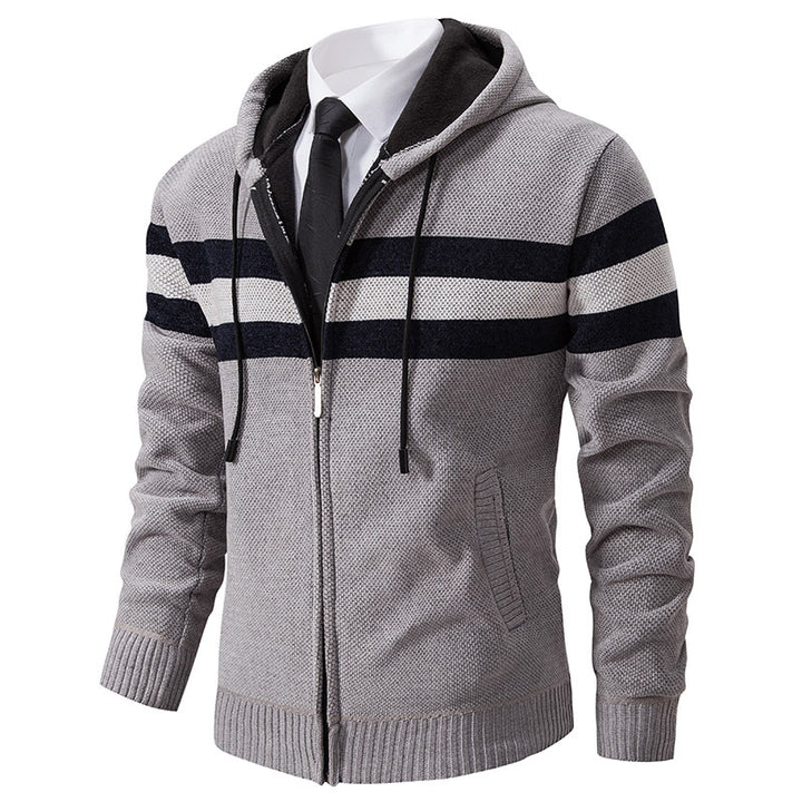 Herren Gestrickte Kapuzen-Strickjacke mit Kontraststreifen und Reißverschluss Echo Archiv