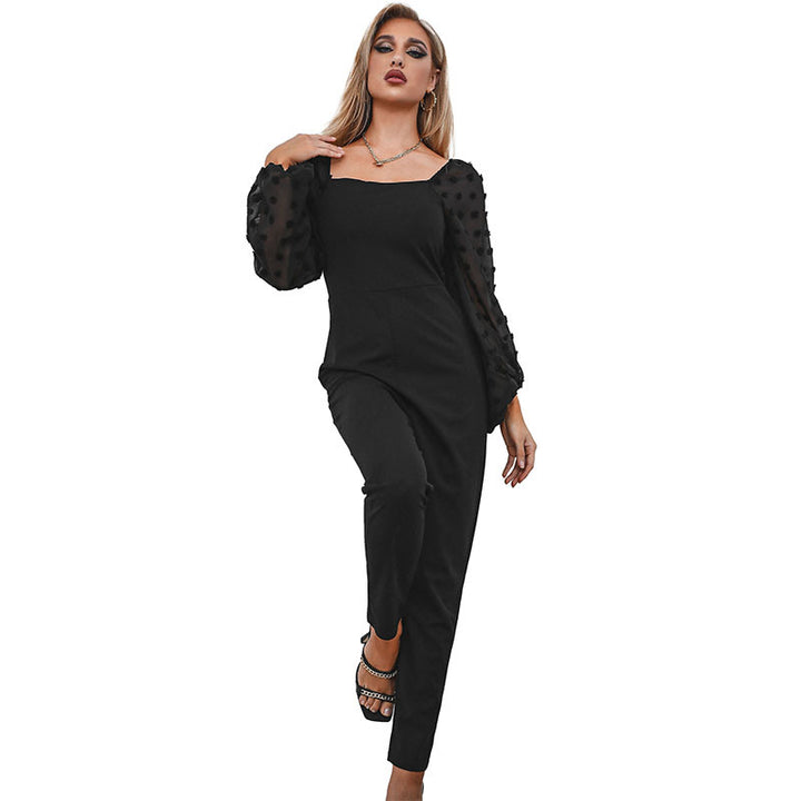 Damen Eleganter Jumpsuit mit Puffärmeln aus Mesh und Quadratausschnitt – Solévia