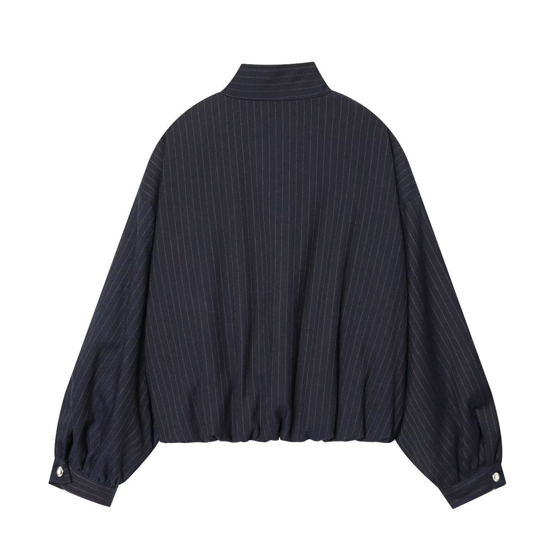 Damen Kurze Nadelstreifen-Blousonjacke mit Stehkragen, Ballonärmeln und elastischem Saum Echoarchiv
