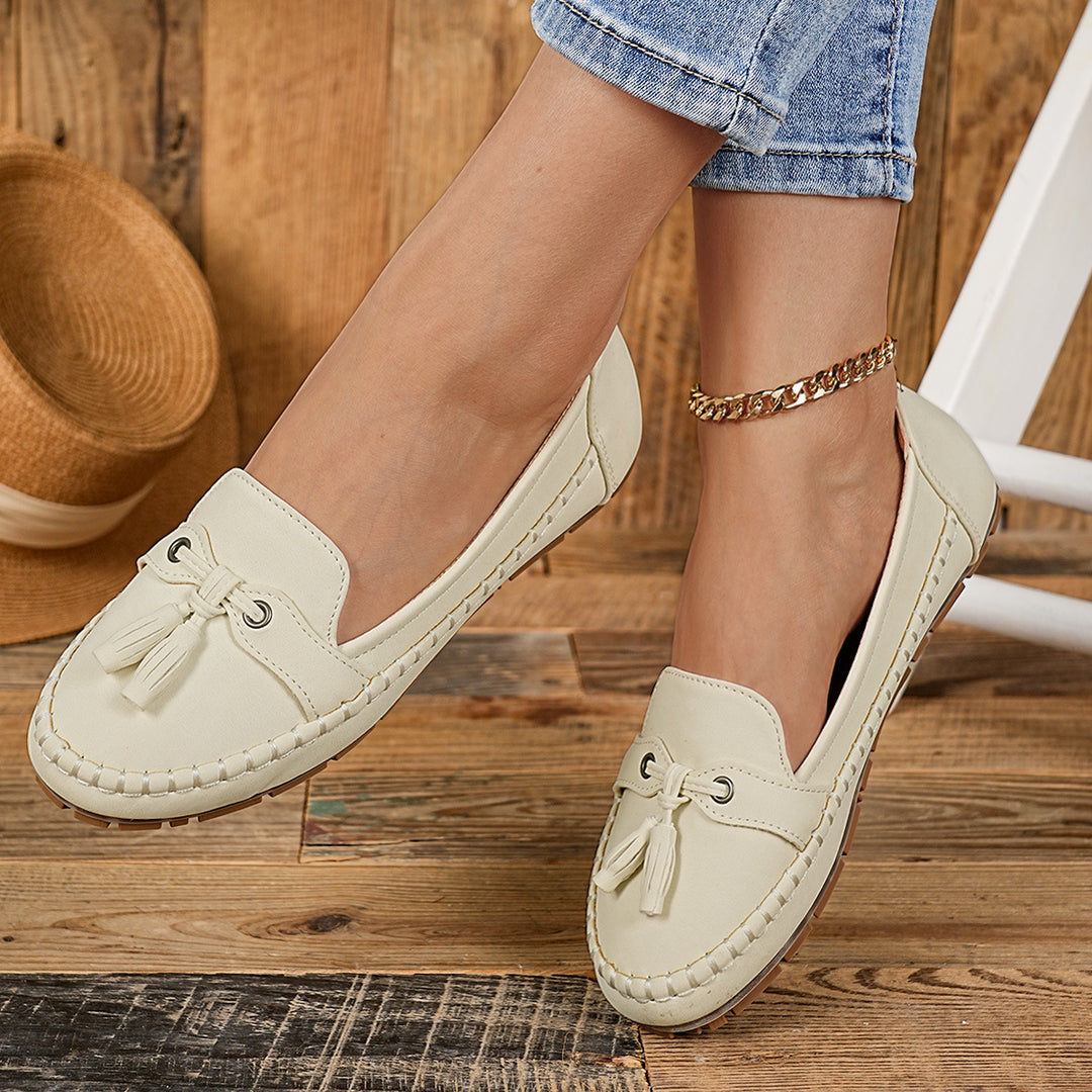 Damen  klassische Mokassin-Slipper mit Quasten, handgenähter Rahmennaht und rutschfester Gummisohle Echo Archiv